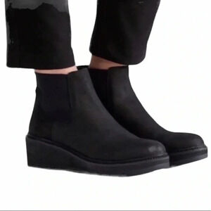 Eileen Fisher wedge black leather  ankle boots